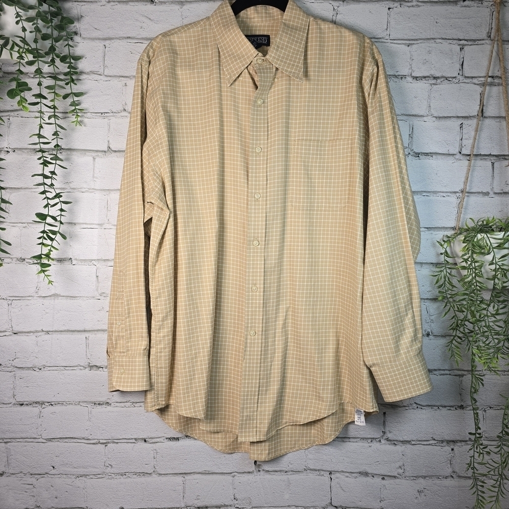 LAND'S END TAN CHECKED PLAID MENS LONG SLEEVE BUTTON DOWN CASUAL  SIZE 16.5